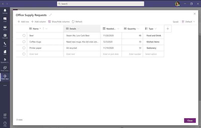 Tables in Dataverse for Microsoft Teams